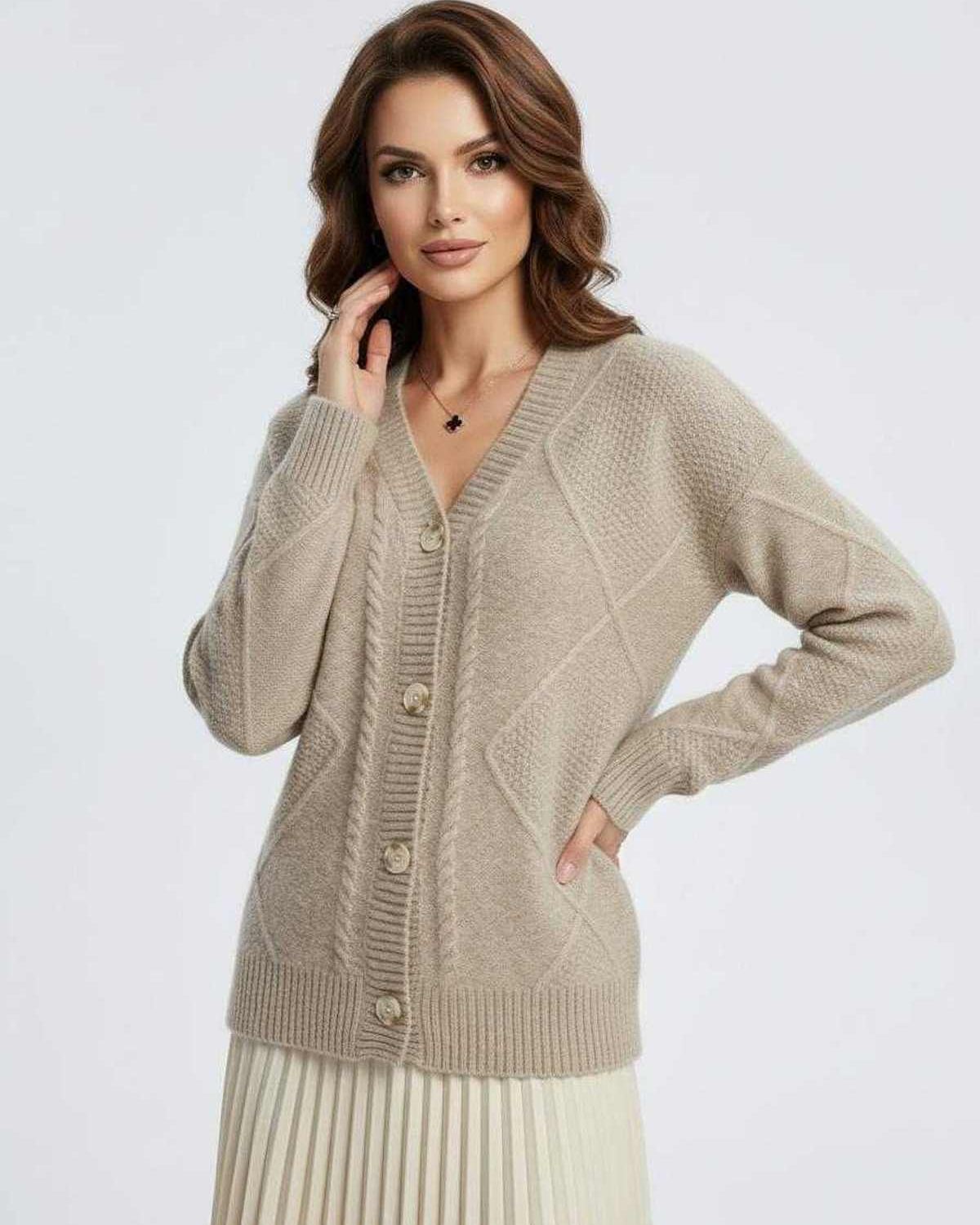 Beige Cardigan, front view | Ramblion | SKU: MC-821904753-beige-L-2933,MC-821904753-beige-M-5833,MC-821904753-beige-S-5722,MC-821904753-beige-XL-4357,MC-821904753-beige-XS-6823