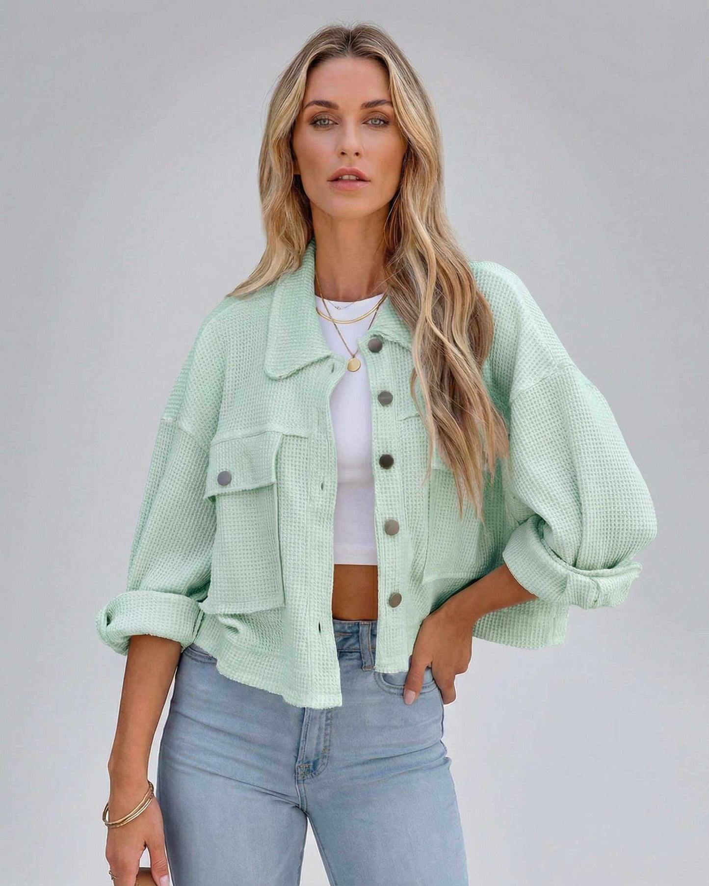 Zara Jacket in mint green, chic cropped silhouette, soft and relaxed fit, perfect for stylish everyday wear by RAMBLION