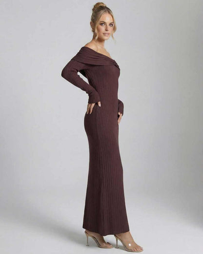 Ravello Maxi Dress in brown, ankle-length, off-the-shoulder design by RAMBLION, featuring ribbed texture, perfect for elegant occasions.