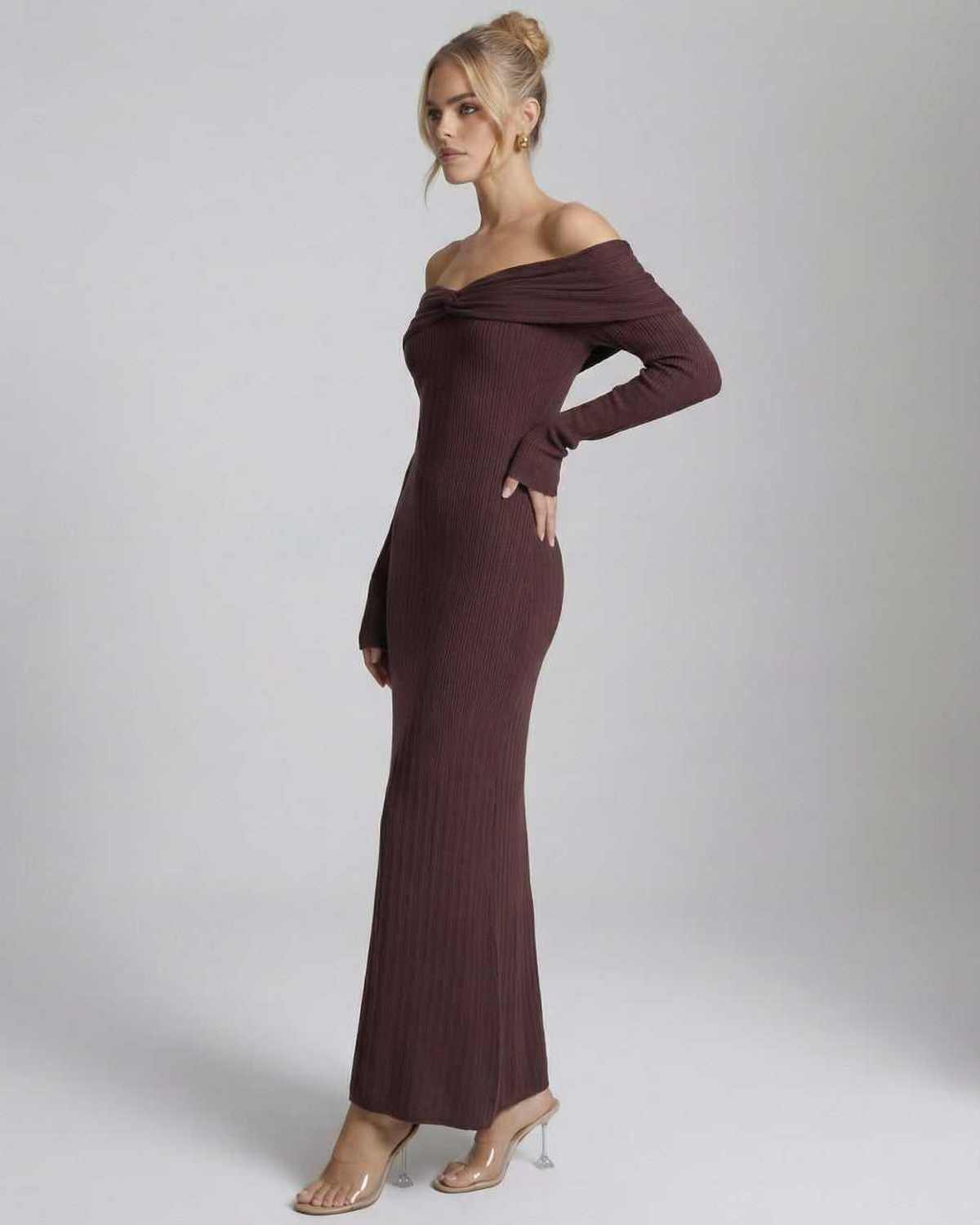 Ravello Maxi Dress in brown, off-the-shoulder design, ribbed texture, elegant fit for special occasions, by RAMBLION.