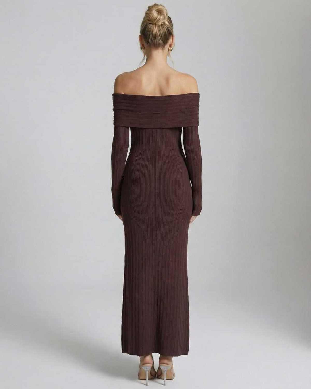 Ravello Maxi Dress in brown features off-the-shoulder design and ribbed texture by RAMBLION, perfect for elegant occasions.