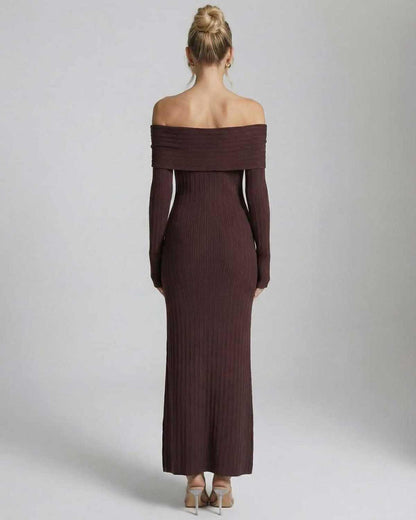 Ravello Maxi Dress in brown features off-the-shoulder design and ribbed texture by RAMBLION, perfect for elegant occasions.
