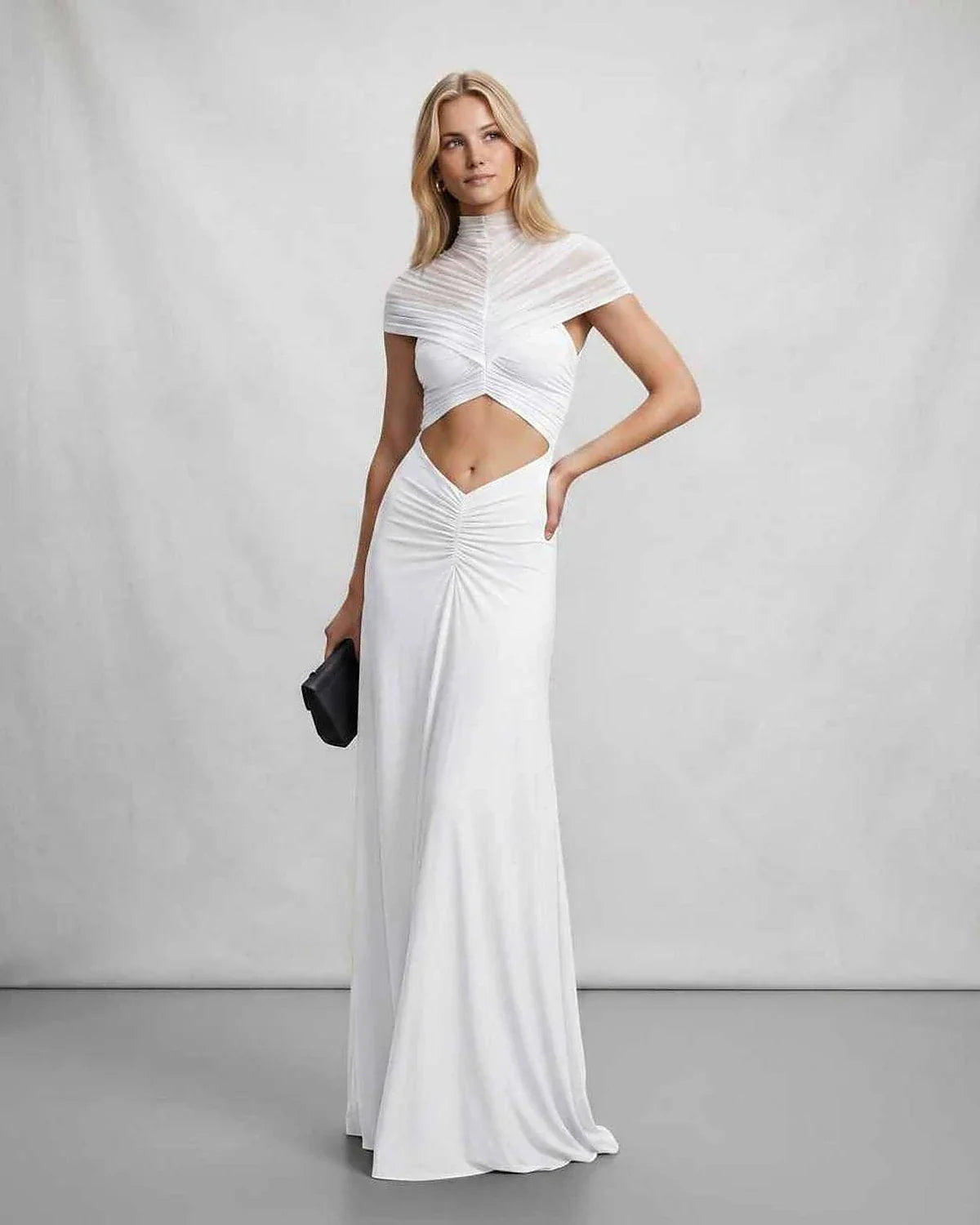 Red,black,white,beige Flared Mandarin Short Sleeve Maxi Dress | Formal Occasions & Party Nights, front view | Ramblion | SKU: RB-904764-WHITE-L,RB-904764-WHITE-M,RB-904764-WHITE-S,RB-904764-WHITE-XL,RB-904764-WHITE-XS