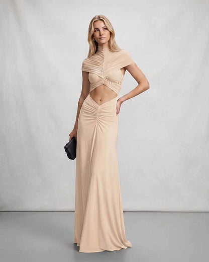 Red,black,white,beige Flared Mandarin Short Sleeve Maxi Dress | Formal Occasions & Party Nights, front view | Ramblion | SKU: RB-904764-BEIGE-L,RB-904764-BEIGE-M,RB-904764-BEIGE-S,RB-904764-BEIGE-XL,RB-904764-BEIGE-XS