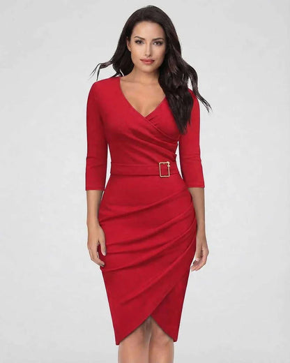 Red Bodycon V-Neck 3/4 Sleeve Midi Dress | Gala Nights & Night Out, front view | Ramblion | SKU: VMD-108374659-red-L-6936,VMD-108374659-red-M-7538,VMD-108374659-red-S-1668,VMD-108374659-red-XL-1704,VMD-108374659-red-XS-7784