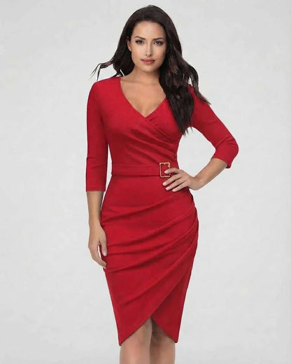 Red Bodycon V-Neck 3/4 Sleeve Midi Dress | Gala Nights & Night Out, front view | Ramblion | SKU: VMD-108374659-red-L-6936,VMD-108374659-red-M-7538,VMD-108374659-red-S-1668,VMD-108374659-red-XL-1704,VMD-108374659-red-XS-7784