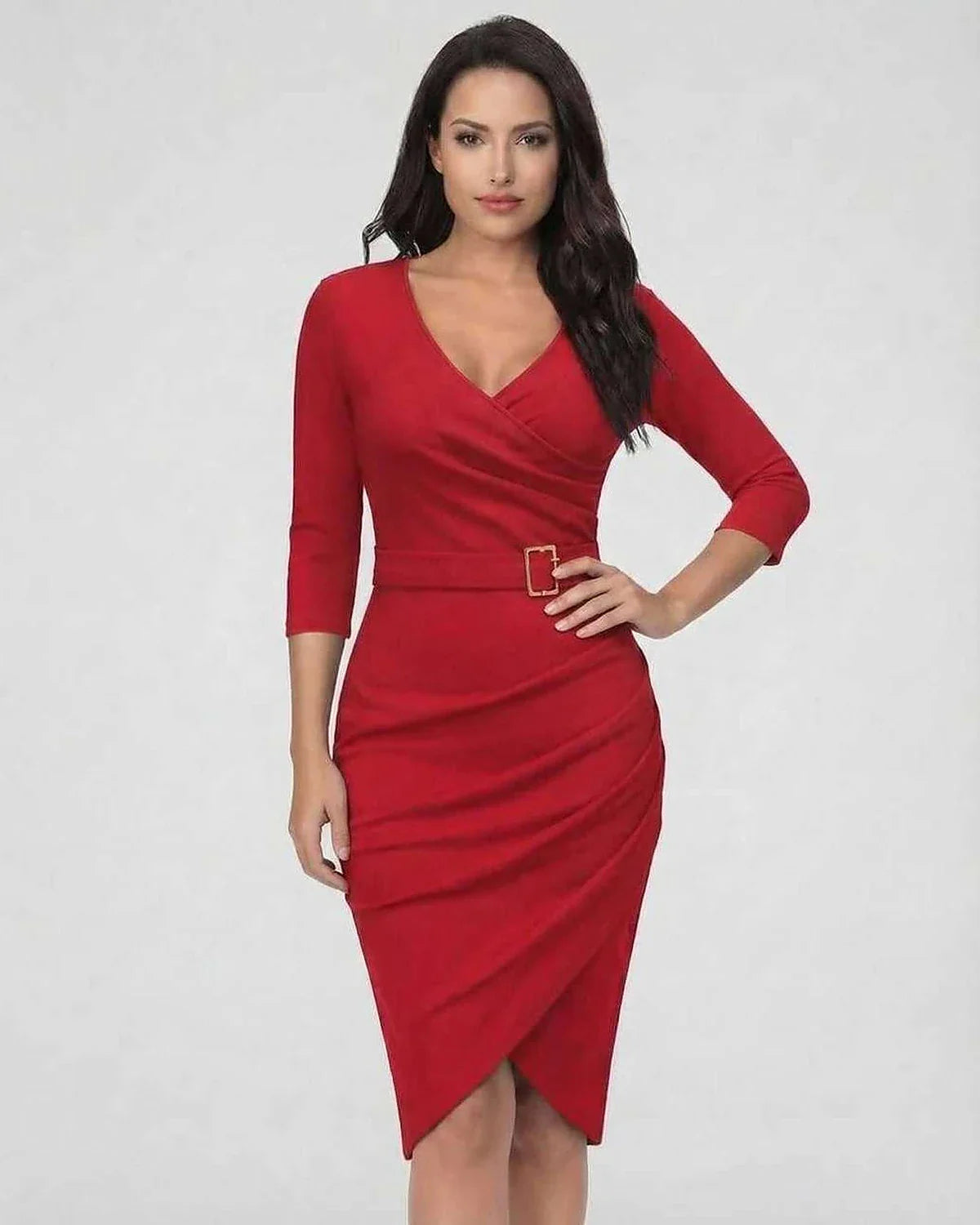 Red Bodycon V-Neck 3/4 Sleeve Midi Dress | Gala Nights & Night Out, front view | Ramblion | SKU: VMD-108374659-red-L-6936,VMD-108374659-red-M-7538,VMD-108374659-red-S-1668,VMD-108374659-red-XL-1704,VMD-108374659-red-XS-7784