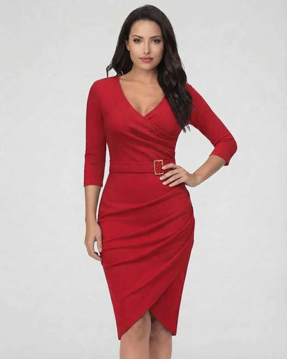 Red Bodycon V-Neck 3/4 Sleeve Midi Dress | Gala Nights & Night Out, front view | Ramblion | SKU: VMD-108374659-red-L-6936,VMD-108374659-red-M-7538,VMD-108374659-red-S-1668,VMD-108374659-red-XL-1704,VMD-108374659-red-XS-7784