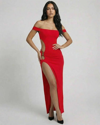Red Satin Bodycon Off-the-Shoulder Maxi Dress | Evening Events, Party Nights & Day-to-Night, front view | Ramblion | SKU: CMX-749285631-red-L-7300,CMX-749285631-red-M-1128,CMX-749285631-red-S-2589,CMX-749285631-red-XL-1039,CMX-749285631-red-XS-5677