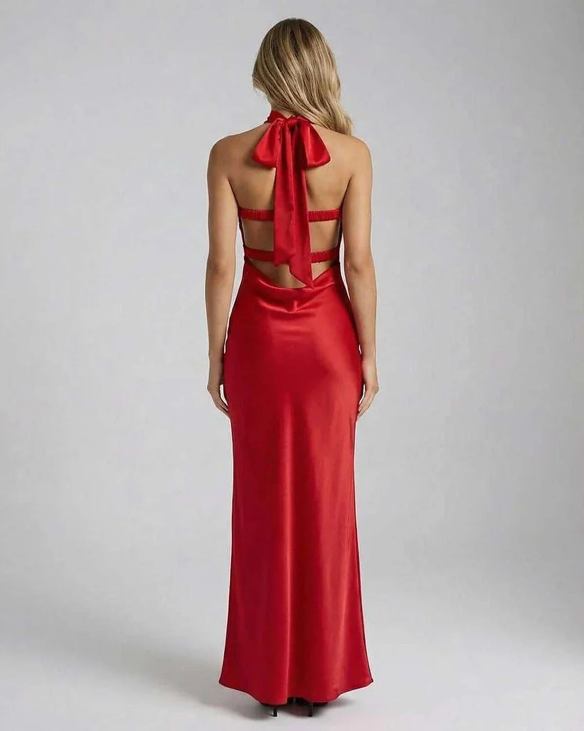 Red Satin Bodycon Strapless Maxi Dress | Formal Occasions & Party Nights, back view | Ramblion | SKU: CMD-593824761-red-L-237,CMD-593824761-red-M-4803,CMD-593824761-red-S-7185,CMD-593824761-red-XL-8595,CMD-593824761-red-XS-1802