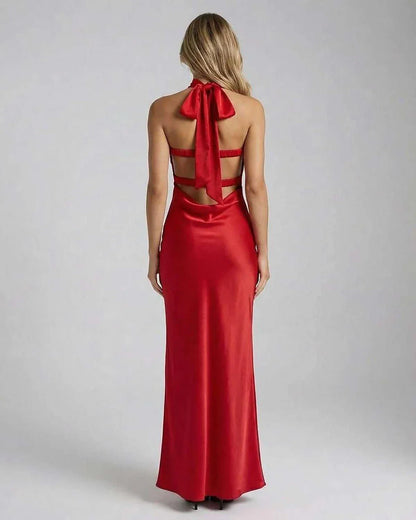 Red Satin Bodycon Strapless Maxi Dress | Formal Occasions & Party Nights, back view | Ramblion | SKU: CMD-593824761-red-L-237,CMD-593824761-red-M-4803,CMD-593824761-red-S-7185,CMD-593824761-red-XL-8595,CMD-593824761-red-XS-1802