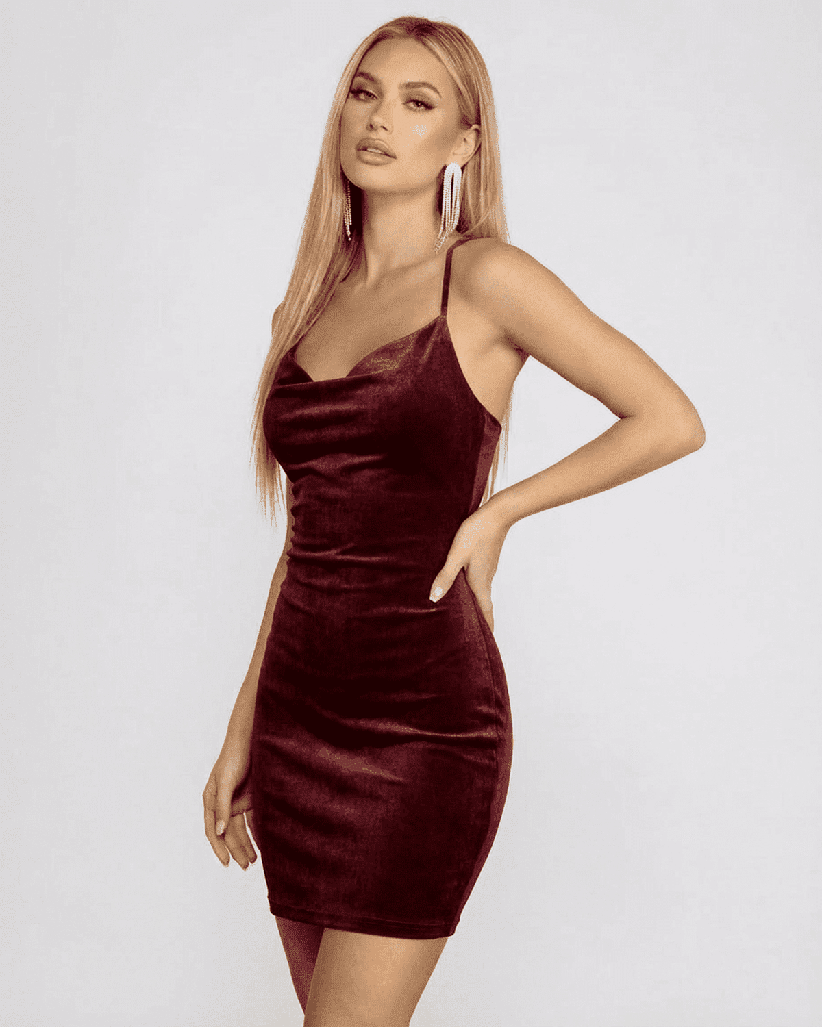Waya Mini Dress, red velvet fabric, cowl neck, backless design, elegant look for formal events, by RAMBLION.
