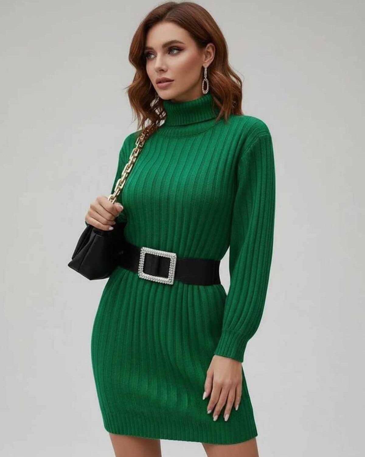 Reva Mini Dress in vibrant green, featuring high neck and soft ribbed knit, perfect for chic occasions - RAMBLION.