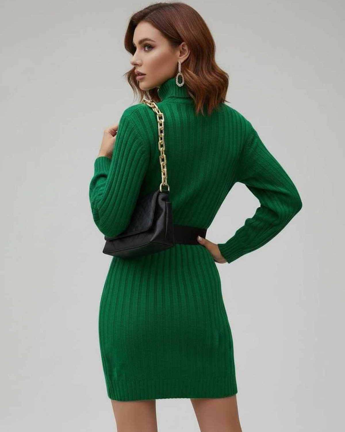 Reva Mini Dress in green, high neck, soft ribbed knit, chic style for casual outings, by RAMBLION.