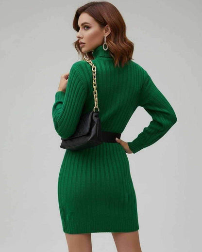Reva Mini Dress in green, high neck, soft ribbed knit, chic style for casual outings, by RAMBLION.