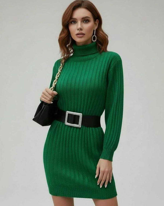 Reva Mini Dress in green ribbed knit, turtleneck style, chic for transitional weather, by RAMBLION.
