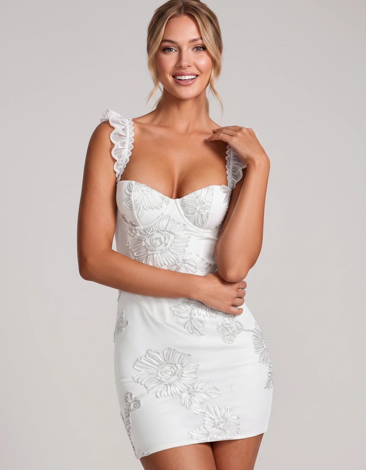 Rhiannon Mini Dresses — White | SKU: RB-343333-white-2,RB-343333-white-4,RB-343333-white-6,RB-343333-white-8,RB-343333-white-10,RB-343333-white-12,RB-343333-white-14,RB-343333-white-16,RB-343333-white-16W,RB-343333-white-18W,RB-343333-white-20W,RB-343333-white-22W