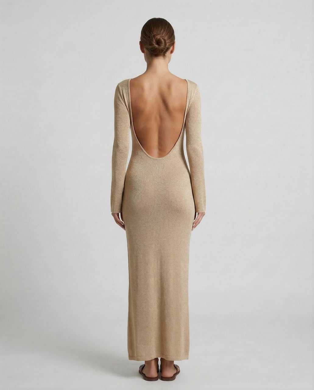 Ria Maxi Dress in beige, V neck, ankle-length, elegant silhouette for upscale gatherings by RAMBLION.