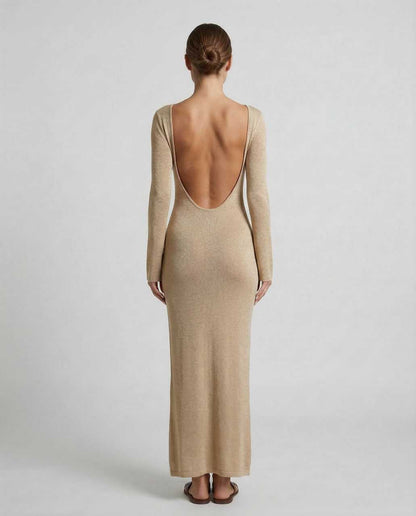 Ria Maxi Dress in beige, V neck, ankle-length, elegant silhouette for upscale gatherings by RAMBLION.