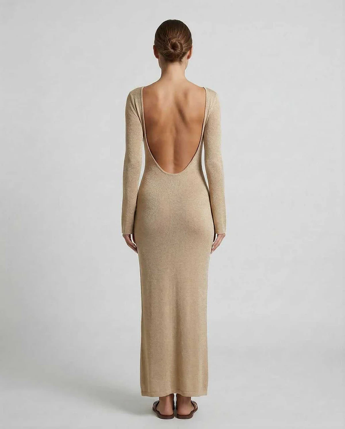 Gold Satin Gown V-Neck Long Sleeve Maxi Dress | Black-Tie Events, Night Out & Guest of Wedding, back view | Ramblion | SKU: AMD-847362591-gold-L-5772,AMD-847362591-gold-M-8567,AMD-847362591-gold-S-2801,AMD-847362591-gold-XL-6347,AMD-847362591-gold-XS-5583