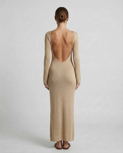 Gold Satin Gown V-Neck Long Sleeve Maxi Dress | Black-Tie Events, Night Out & Guest of Wedding, back view | Ramblion | SKU: AMD-847362591-gold-L-5772,AMD-847362591-gold-M-8567,AMD-847362591-gold-S-2801,AMD-847362591-gold-XL-6347,AMD-847362591-gold-XS-5583