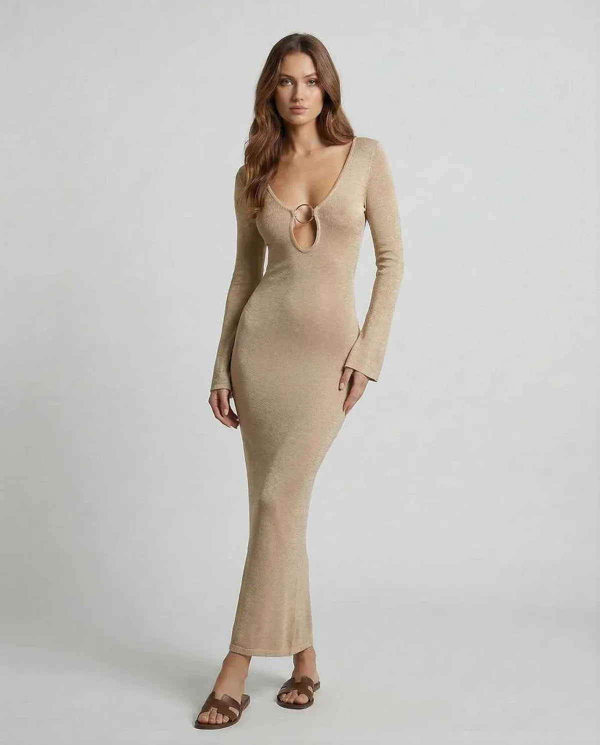 Gold Satin Gown V-Neck Long Sleeve Maxi Dress | Black-Tie Events, Night Out & Guest of Wedding, front view | Ramblion | SKU: AMD-847362591-gold-L-5772,AMD-847362591-gold-M-8567,AMD-847362591-gold-S-2801,AMD-847362591-gold-XL-6347,AMD-847362591-gold-XS-5583