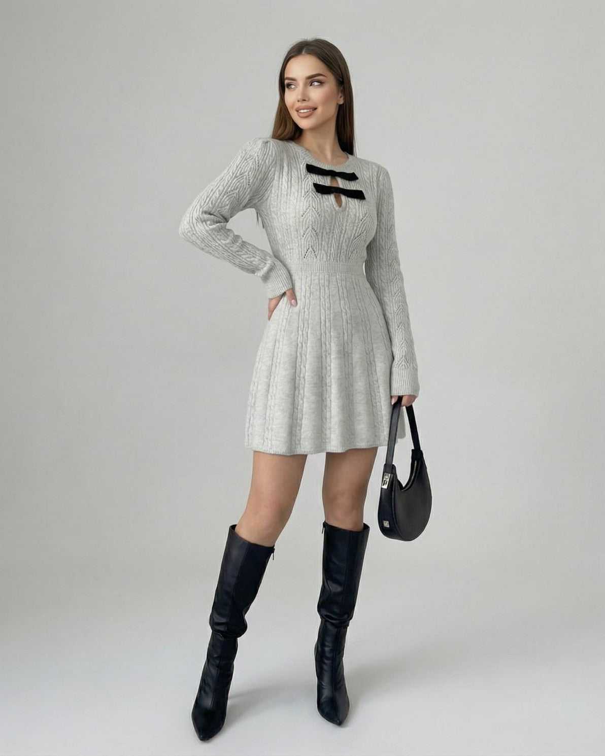 Ria Mini Dress by RAMBLION, grey knitted mini dress with round neck, long sleeves for chic occasions.