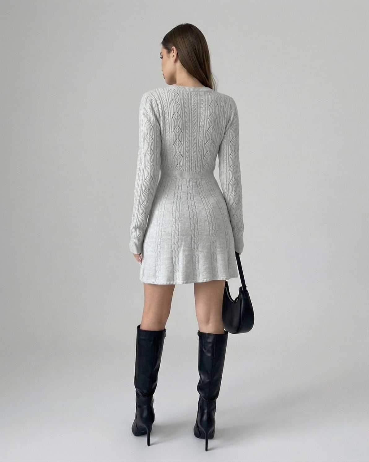 Ria Mini Dress by RAMBLION in grey, round neck, long sleeves, sophisticated style perfect for various occasions.