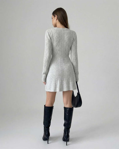 Ria Mini Dress by RAMBLION in grey, round neck, long sleeves, sophisticated style perfect for various occasions.