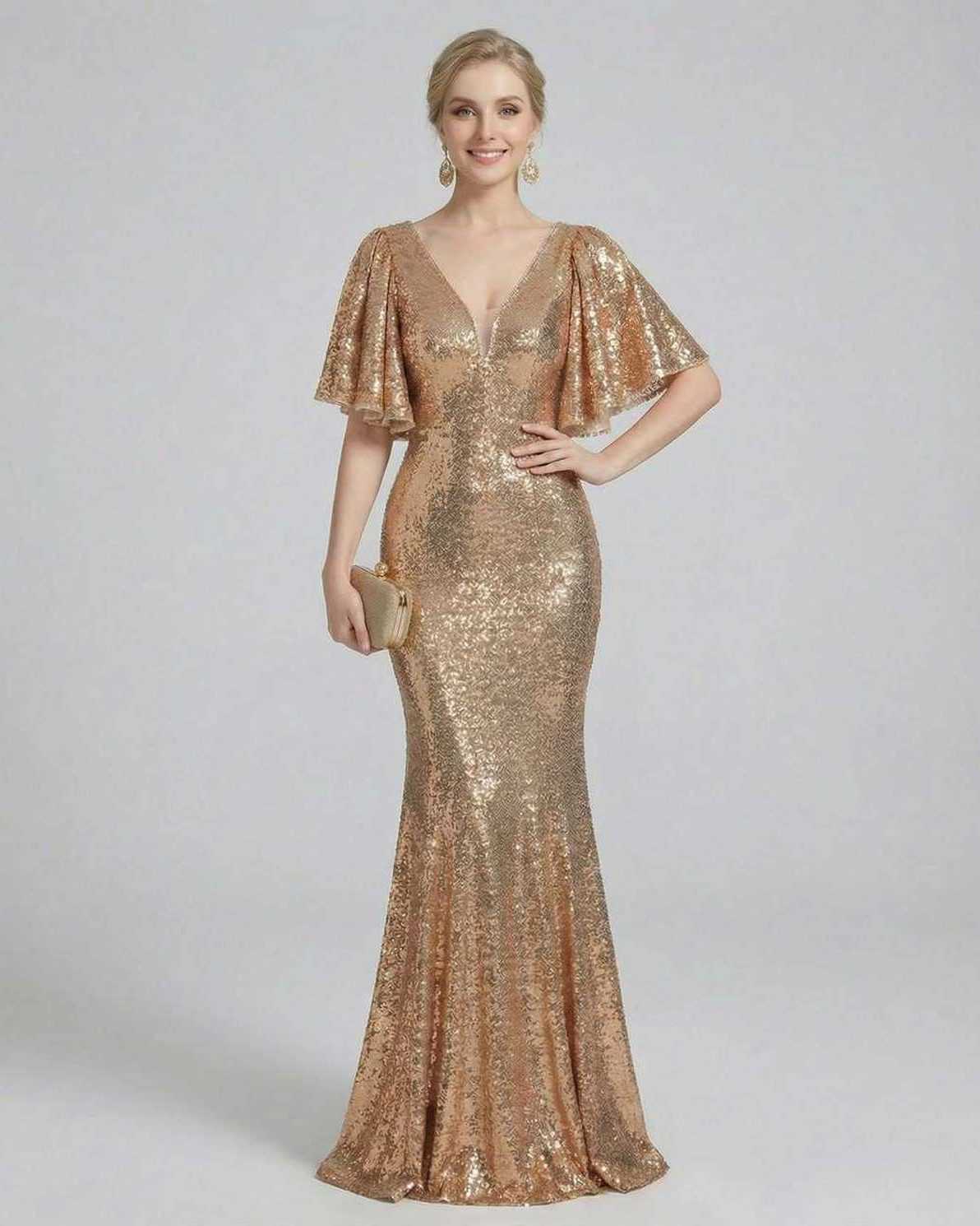 Rida Maxi Dress: Beige ankle-length gown with sequin overlay, V neck, perfect for evening occasions by RAMBLION.