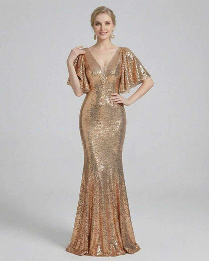Rida Maxi Dress - Beige ankle-length dress with sequin overlay, V neck, elegant for evening occasions by RAMBLION.
