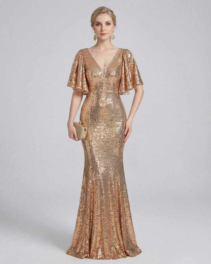 Rida Maxi Dress beige ankle-length gown with sequins, V neck design, perfect for evening events, by RAMBLION.