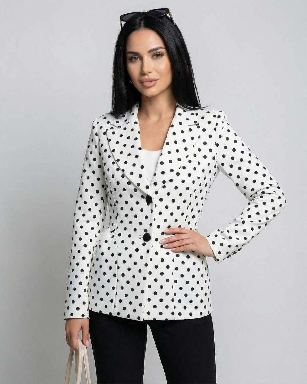 Rina Jacket by RAMBLION, stylish white polka dot blazer, perfect for chic events and sophisticated gatherings.