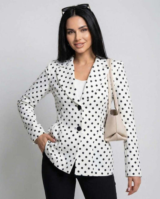 Rina Jacket by RAMBLION, white polka dot design, structured silhouette for elegant occasions and modern style.