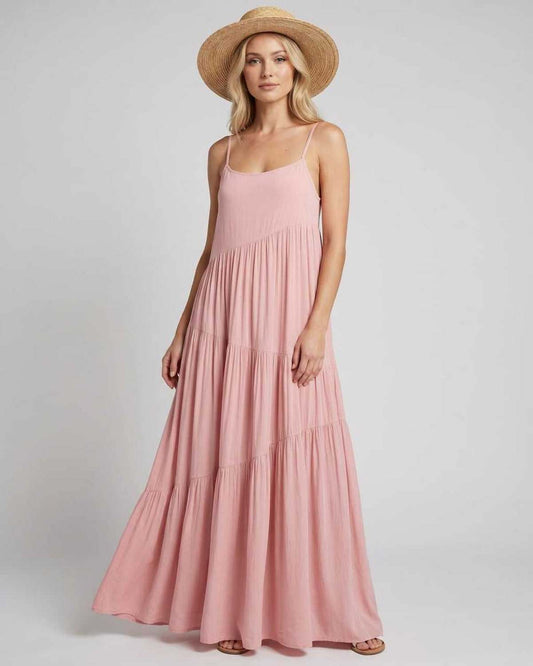 Ramblion Riva maxi dress — scoop neck neckline · front view · styled for prom season