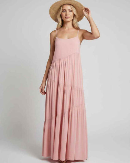 Ramblion Riva maxi dress — scoop neck neckline · back view · styled for prom season
