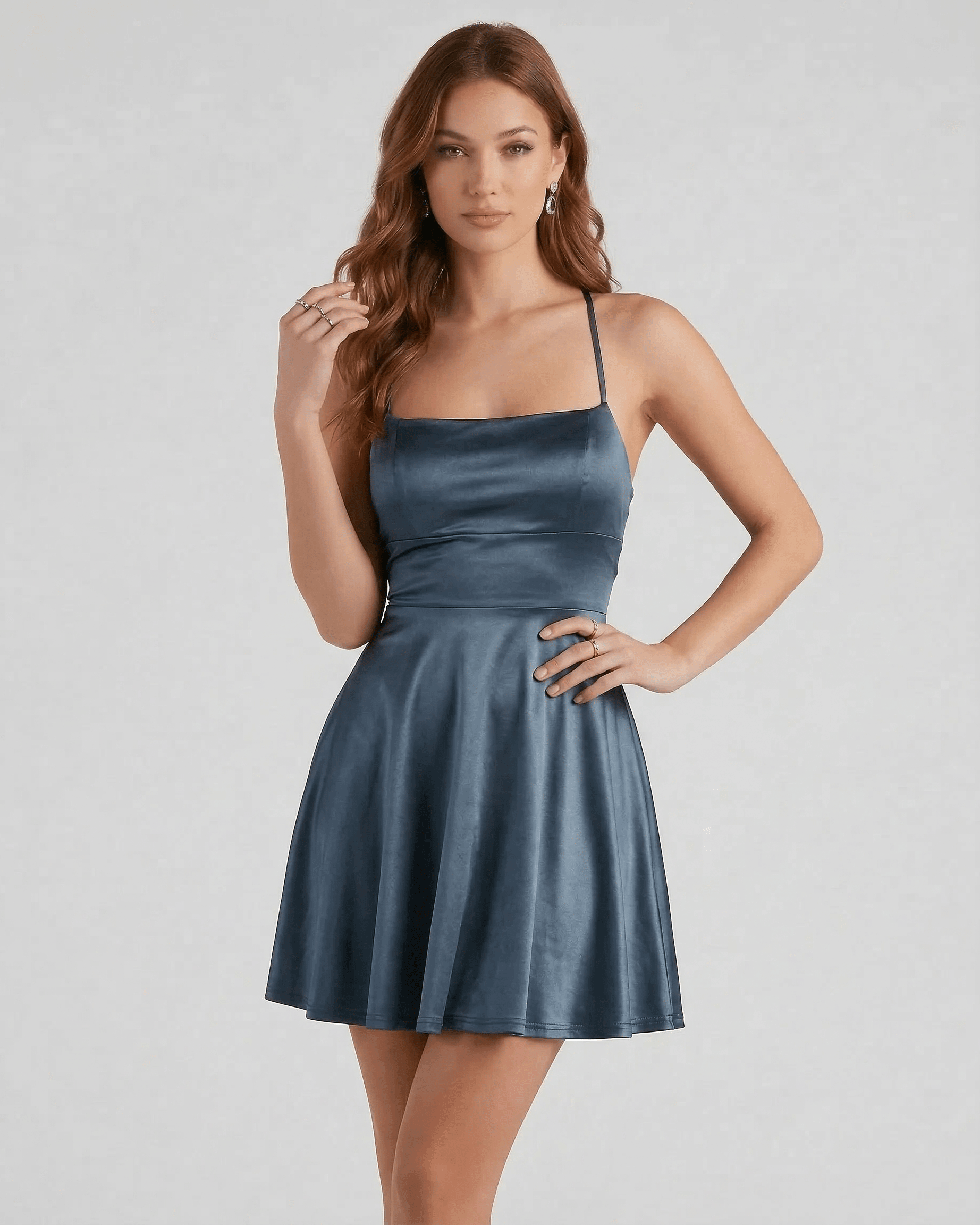 Roa Mini Dress by RAMBLION in deep blue satin, featuring a square neck and flared skirt, perfect for evening parties.