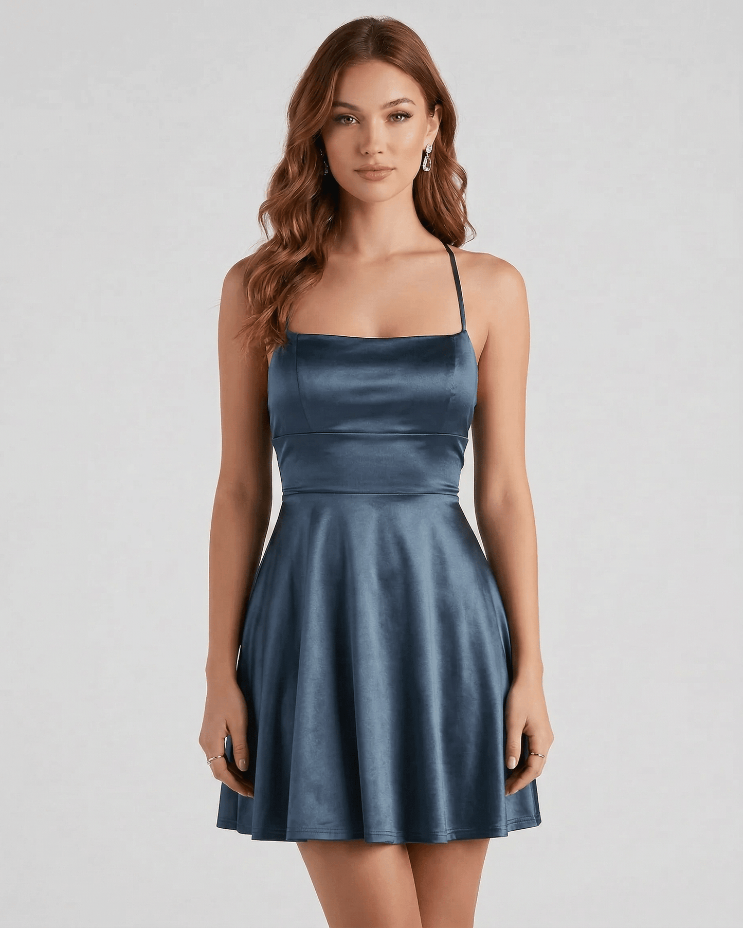 Roa Mini Dress in luxurious satin, deep blue tone, square neck design, perfect for evening events by RAMBLION.