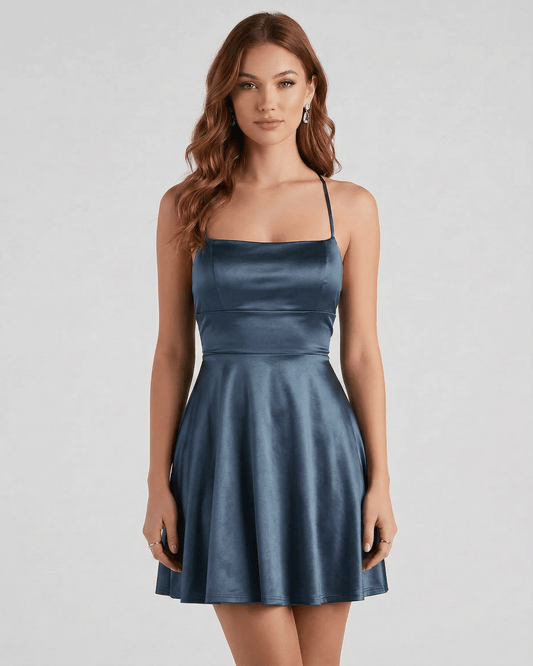 Roa Mini Dress in luxurious satin, deep blue tone, square neck design, perfect for evening events by RAMBLION.