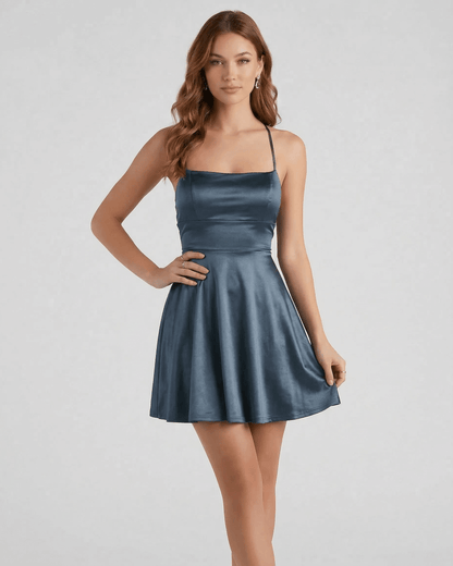 Roa Mini Dress by RAMBLION, deep blue satin mini dress with square neck, perfect for evening parties or special events.