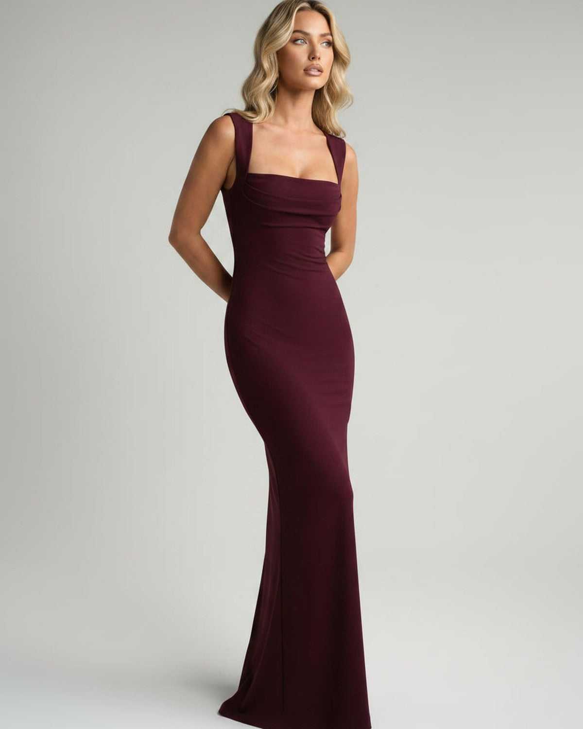 Ramblion Romy maxi dress — square neck neckline · fabric close-up · styled for prom season