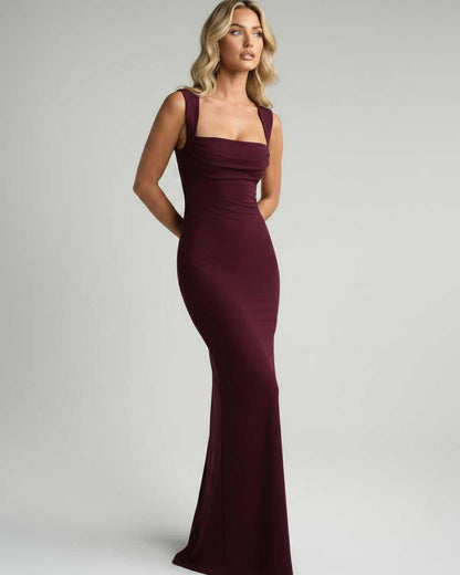 Ramblion Romy maxi dress — square neck neckline · fabric close-up · styled for prom season