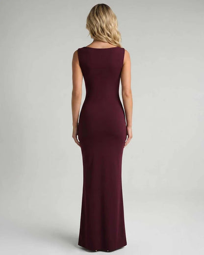 Burgundy,black,white,beige Bodycon Square Neck Sleeveless Maxi Dress | Black-Tie Events & Evening Parties, back view | Rambli | SKU: RB-3593E8-BURGUNDY-L,RB-3593E8-BURGUNDY-M,RB-3593E8-BURGUNDY-S,RB-3593E8-BURGUNDY-XL,RB-3593E8-BURGUNDY-XS