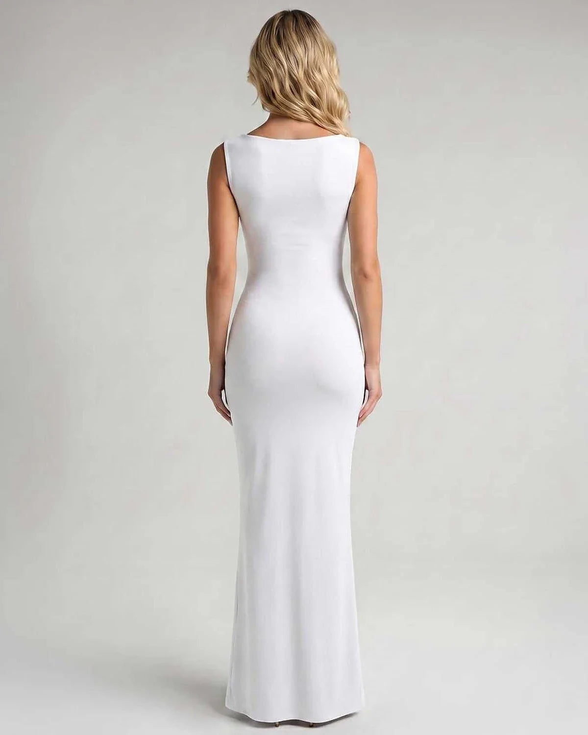 Burgundy,black,white,beige Bodycon Square Neck Sleeveless Maxi Dress | Black-Tie Events & Evening Parties, back view | Rambli | SKU: RB-3593E8-WHITE-L,RB-3593E8-WHITE-M,RB-3593E8-WHITE-S,RB-3593E8-WHITE-XL,RB-3593E8-WHITE-XS