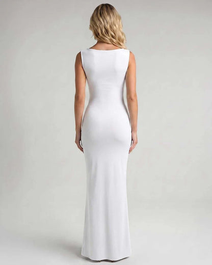 Burgundy,black,white,beige Bodycon Square Neck Sleeveless Maxi Dress | Black-Tie Events & Evening Parties, back view | Rambli | SKU: RB-3593E8-WHITE-L,RB-3593E8-WHITE-M,RB-3593E8-WHITE-S,RB-3593E8-WHITE-XL,RB-3593E8-WHITE-XS