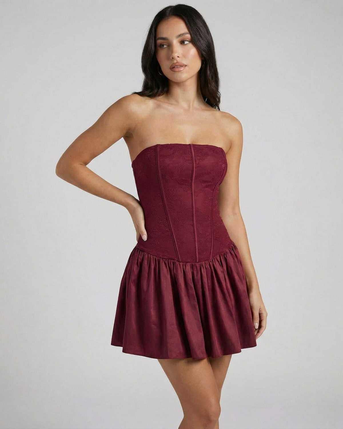 Rona Mini Dress, strapless red denim, flared skirt, chic and playful for special occasions by RAMBLION.