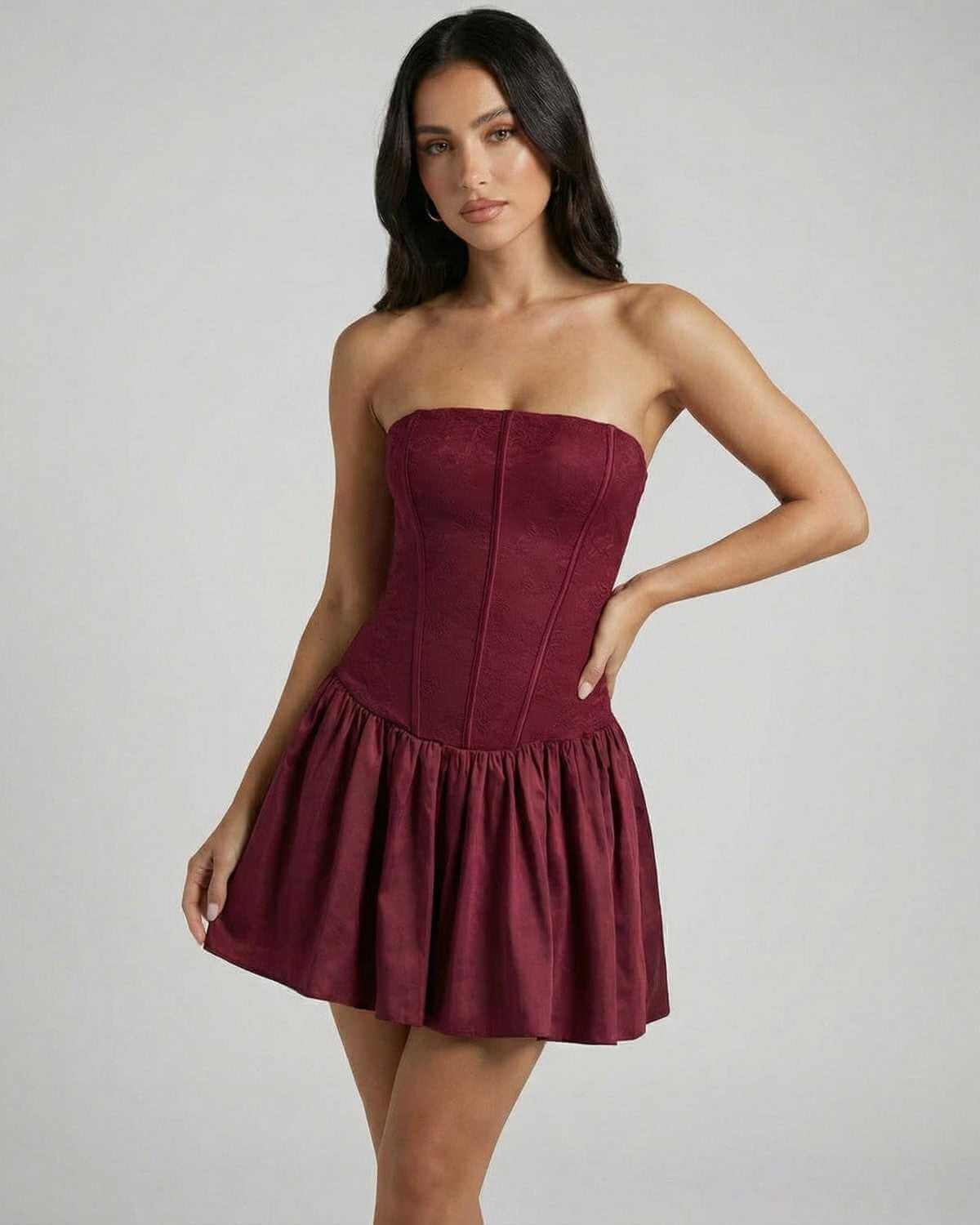 Rona Mini Dress, bold burgundy strapless cotton design, playful flared skirt perfect for special occasions, RAMBLION brand.