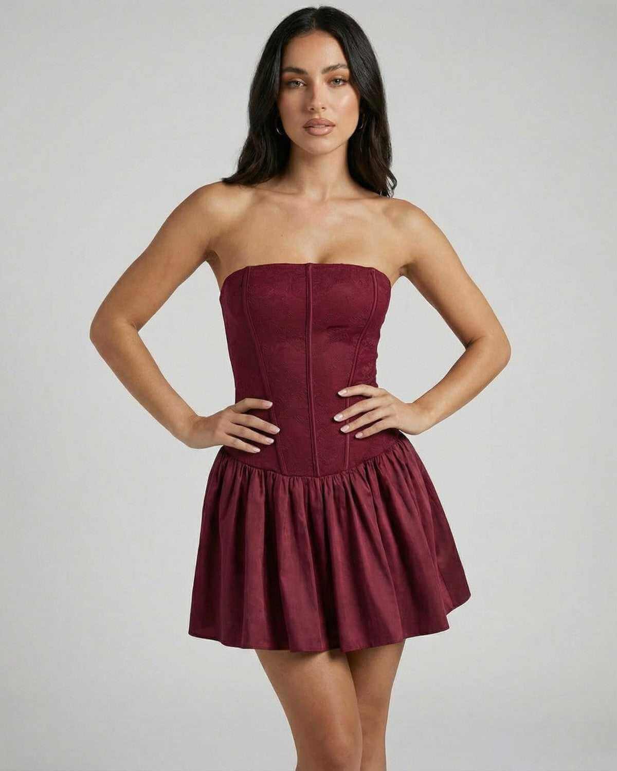 Rona Mini Dress in burgundy, 100% cotton denim, strapless, flared skirt, perfect for special occasions by RAMBLION.