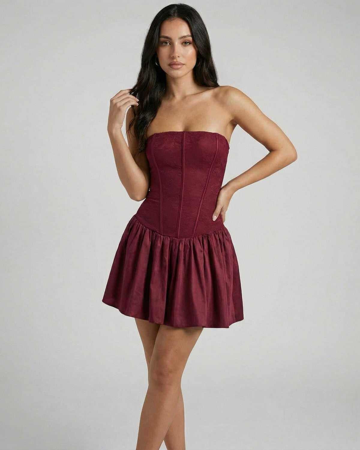 Rona Mini Dress in burgundy, strapless design, playful flared skirt, ideal for special occasions, by RAMBLION.