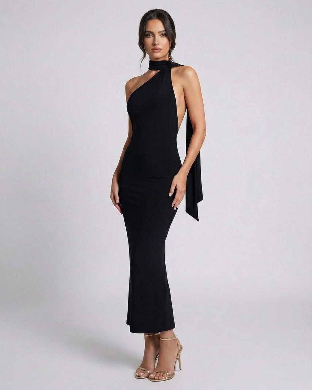 Rora Maxi Dress in black, halter neckline, flowing skirt, perfect for special occasions by RAMBLION.